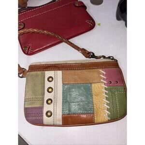 Fossil Patchwork Wristlet Brown Tones Leather Retro Pouch Weaved Leather Strap